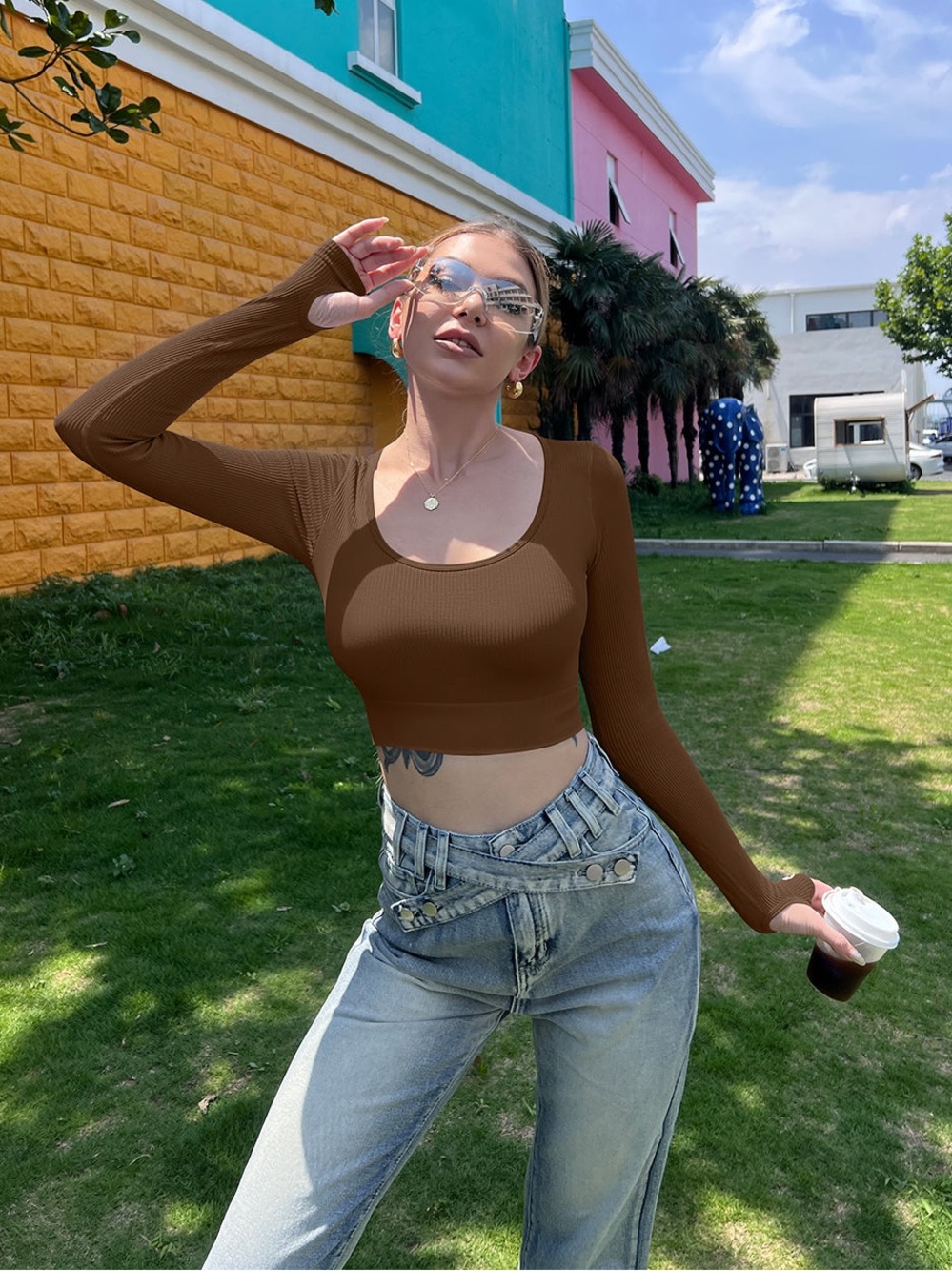 OQQ Brown Ribbed Long-Sleeve Scoop Neck Crop Top - Women